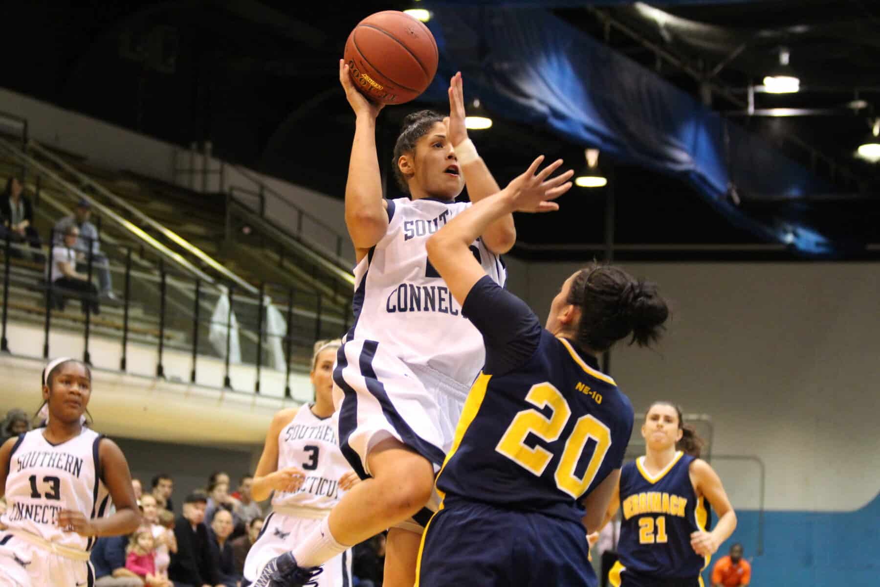 Photo Courtesy | Mark TiborSenior Camille Fantini finished with eight points, one assist, and three steals in Saturday’s overtime loss to Merrimack.
