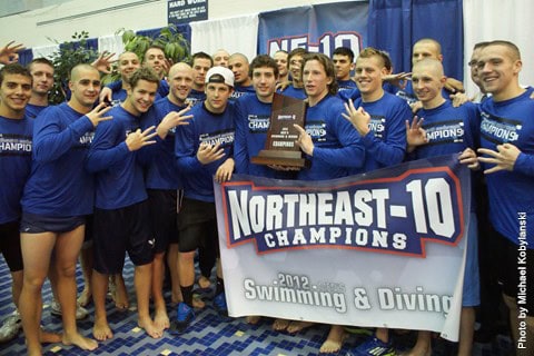 photo courtesy | southernctowls.comMen’s swimming celebrate their ninth Northeast-10 Championship in 10 years.
