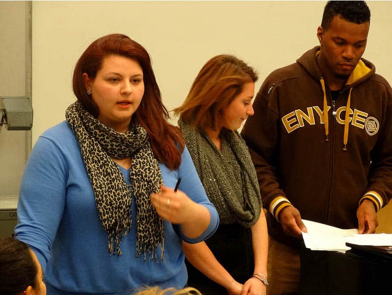 photo courtesy | Darren Yip (From left, Rachael Polansky, Justine Belda and Thomas Mitchel) Students helped organize auditions for a female acapella group.