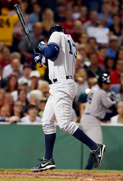 Rodriguez getting hit by a pitch.