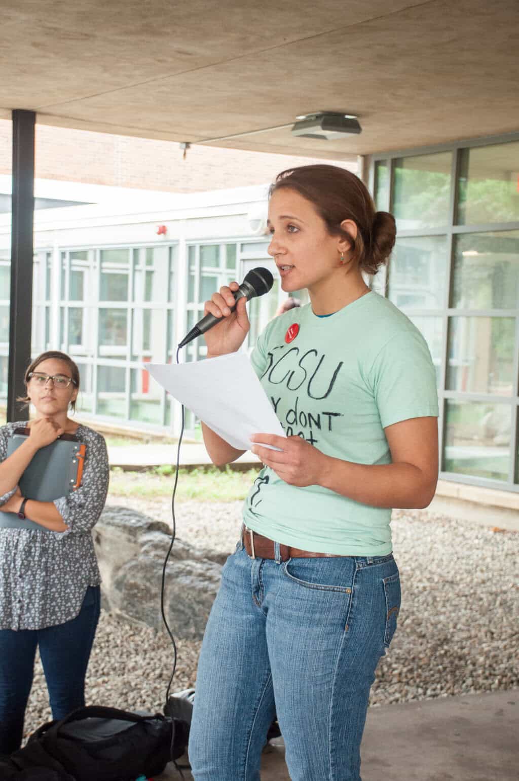 The brave Wendy Wyler speaking at the rally last Tuesday.