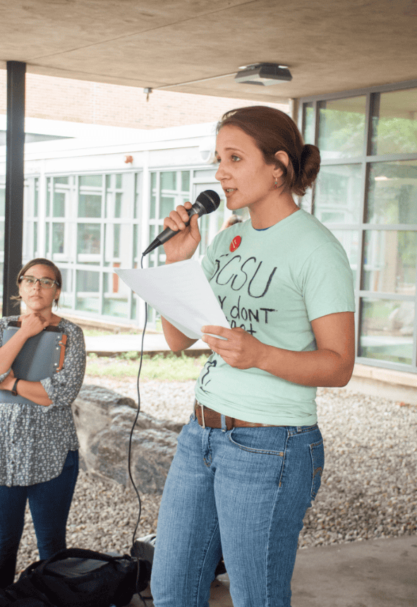Wendy Wyler giving a speech at the rally last Tuesday.