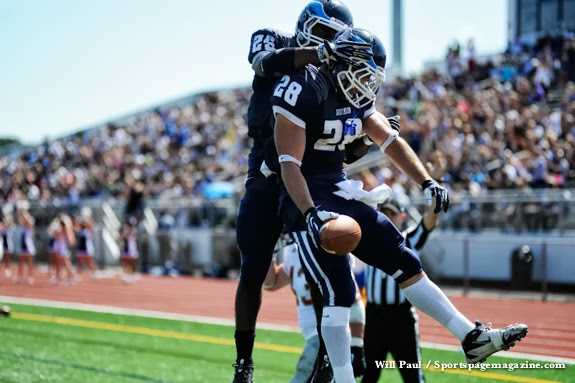Southern Connecticut Owls tailback Vaughn Magee (25), Southern Connecticut Owls fullback John Moscatel (28)